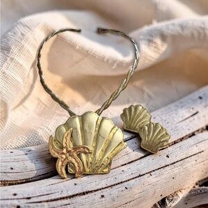 Vintage Silver Copper Brass Shell & Starfish Necklace Pendant/Brooch & Earrings